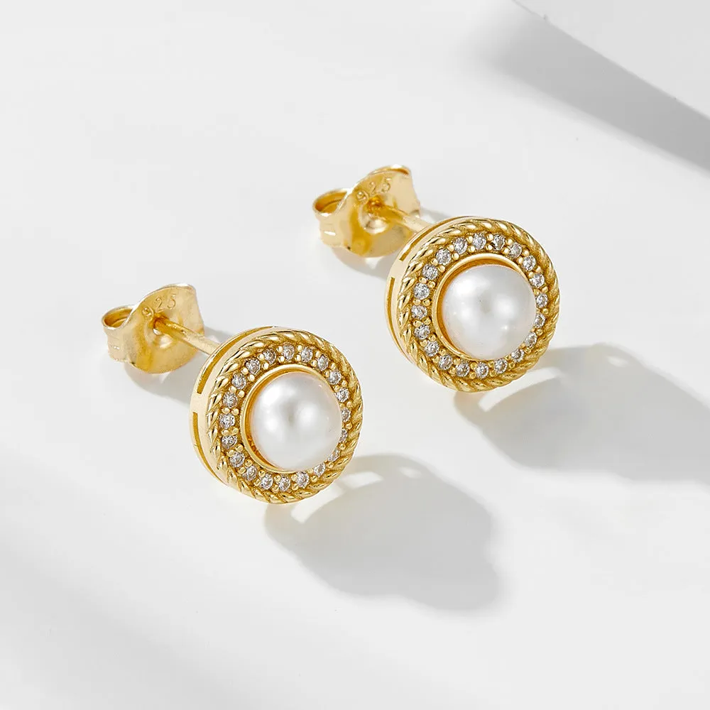 Round Diamond Mabe Pearl Stud Earrings