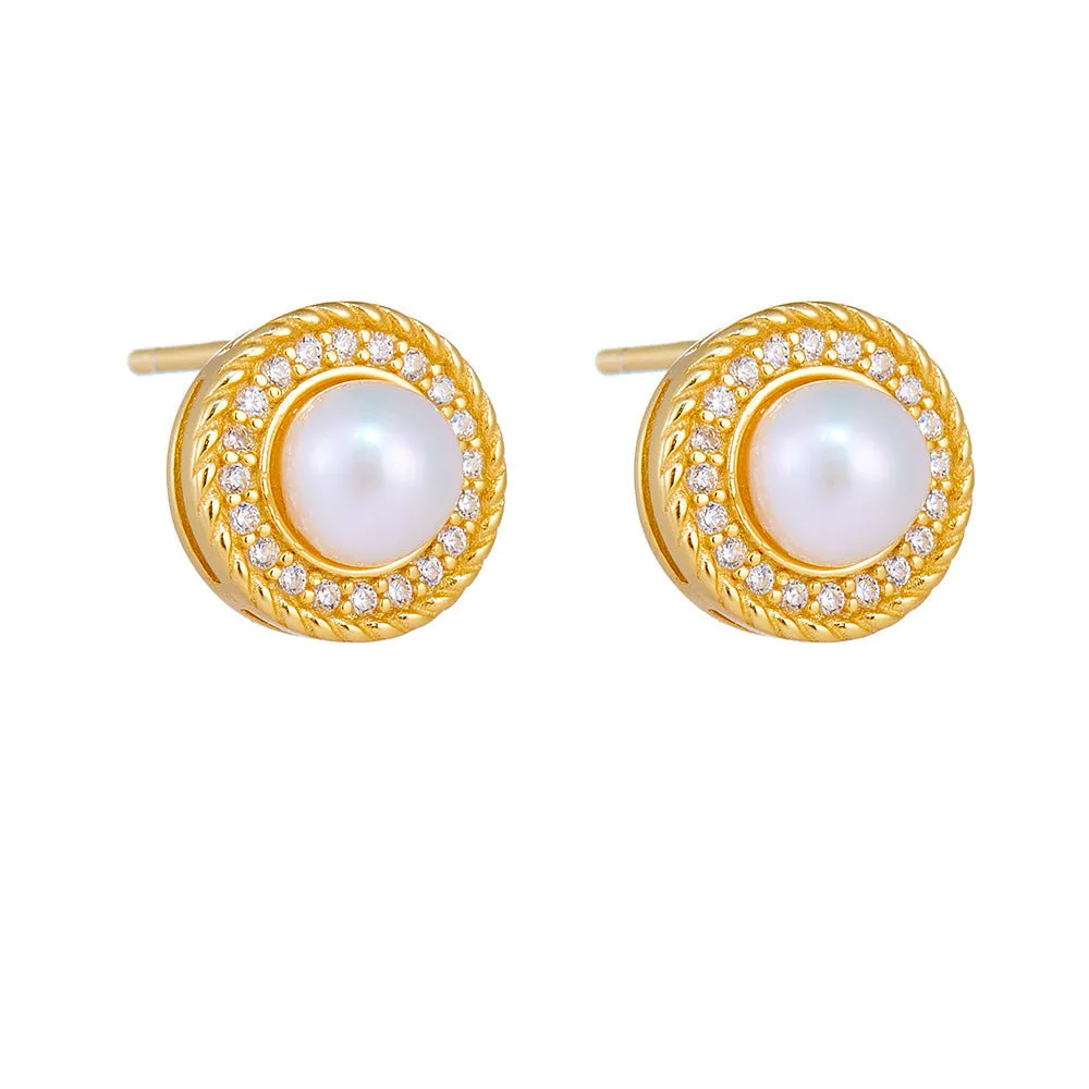 Round Diamond Mabe Pearl Stud Earrings