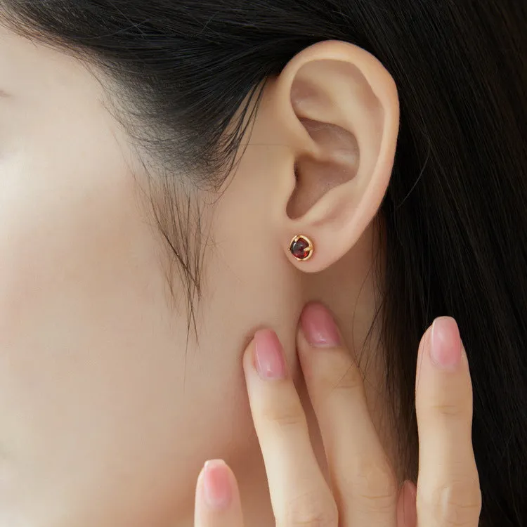 Round Red Garnet Rose Zircon Asymmetric Sterling Silver Earrings