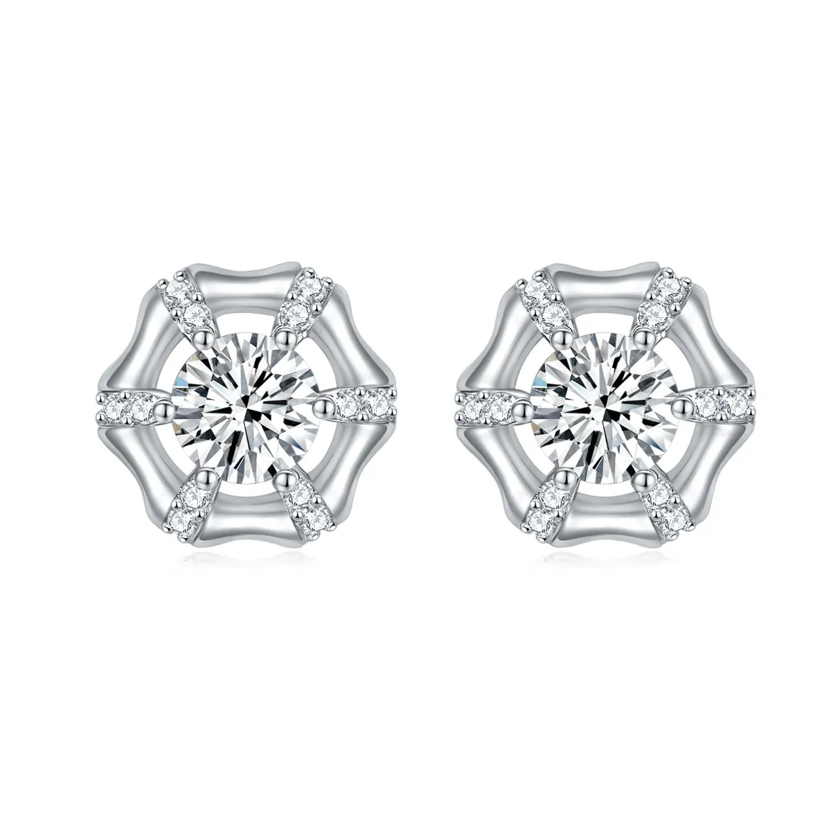 Round Zircon Bamboo Circle Silver Studs Earrings for Women