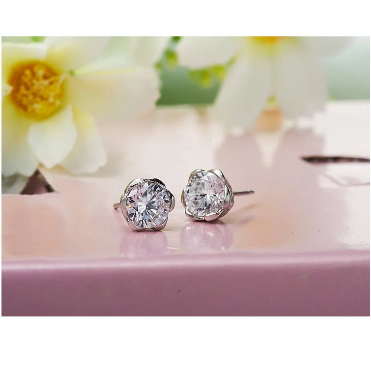 Round Zircon Plum Blossom Silver Studs Earrings for Women