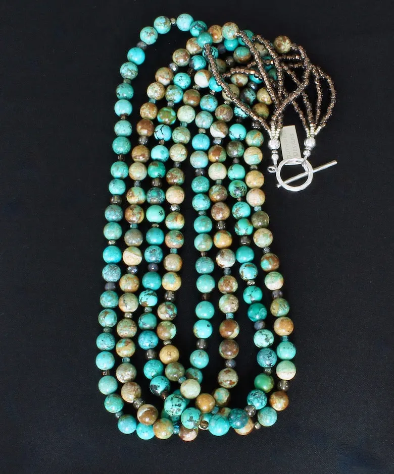 Royston Boulder & Natural Blue Turquoise Rounds 4-Strand Necklace with Czech Glass, Pyrite Nuggets, Sparkling Brown Glass Rondelles, and a Hammered Sterling Silver Toggle Clasp