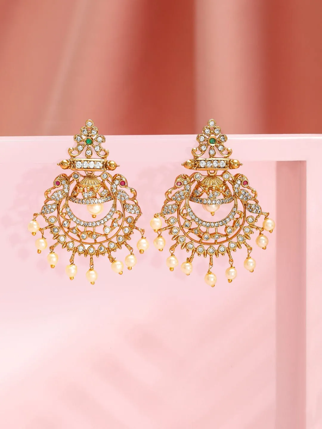 Rubans 18K Gold-Plated Emerald & Cubic Zirconia Studded Chandbali