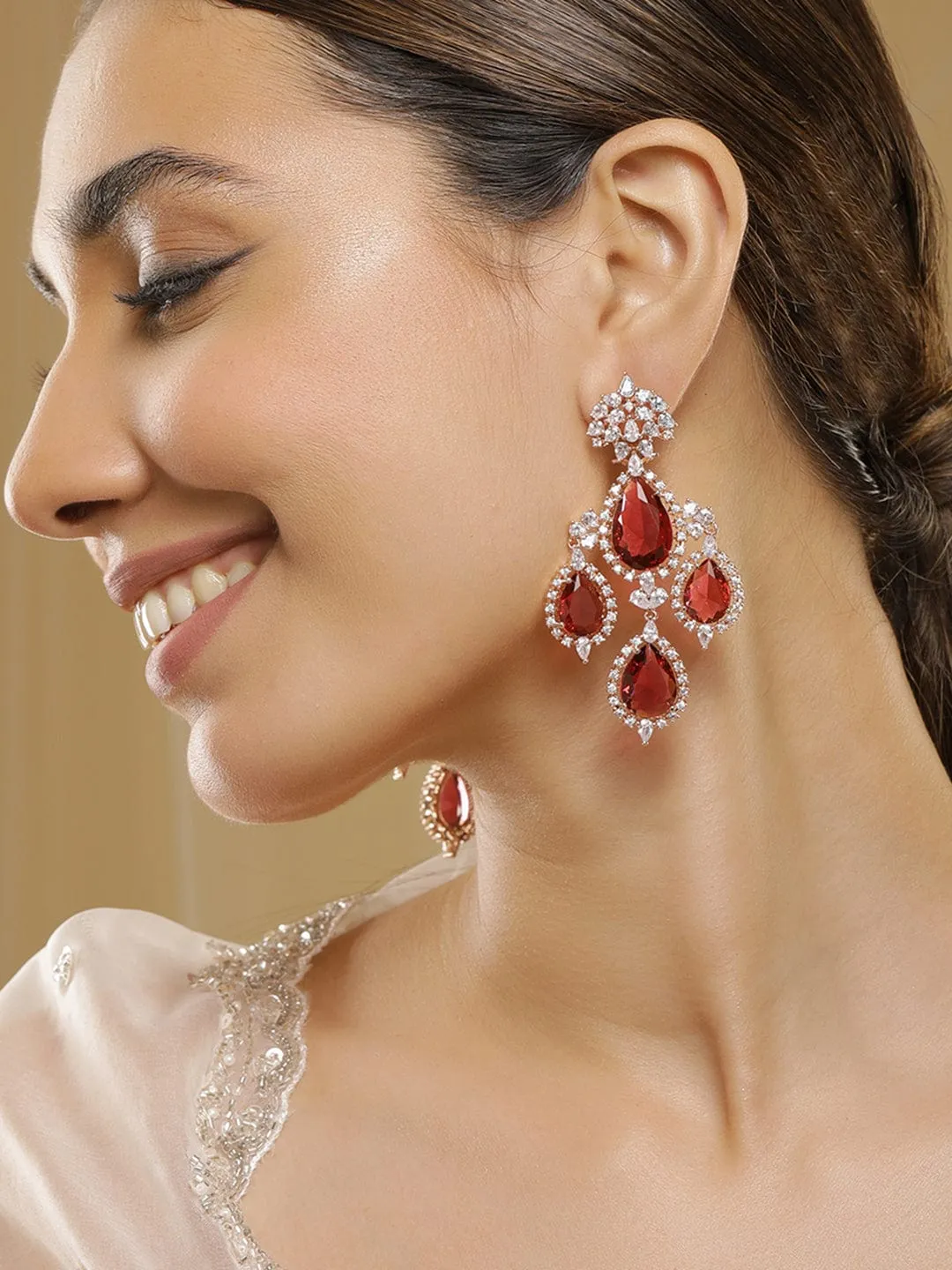 Rubans 18K Gold-Plated Ruby Red & Cubic Zirconia Studded Premium Chandelier Earrings