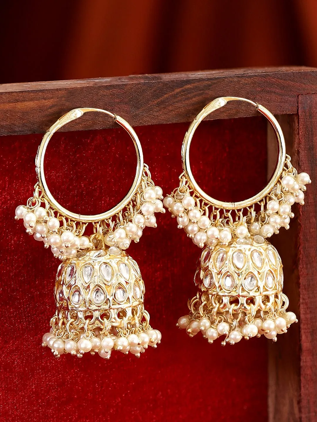 Rubans 22K Gold plated Kundan Studded Pearl Beaded Jhumka Earrings