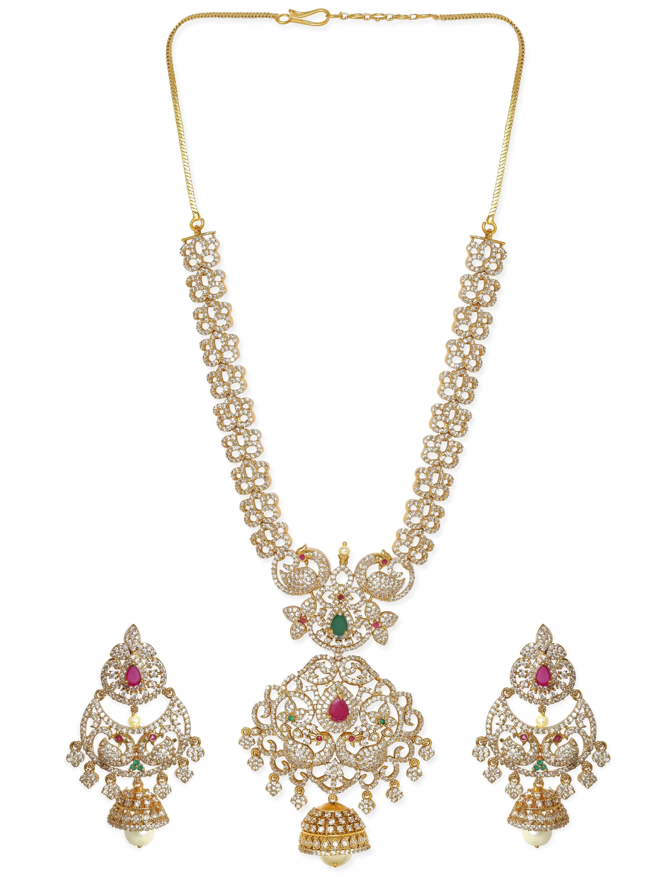 Rubans 22K Gold-Plated Peacock Motif Kemp & Zirconia Crystal Studded Handcrafted Necklace Set