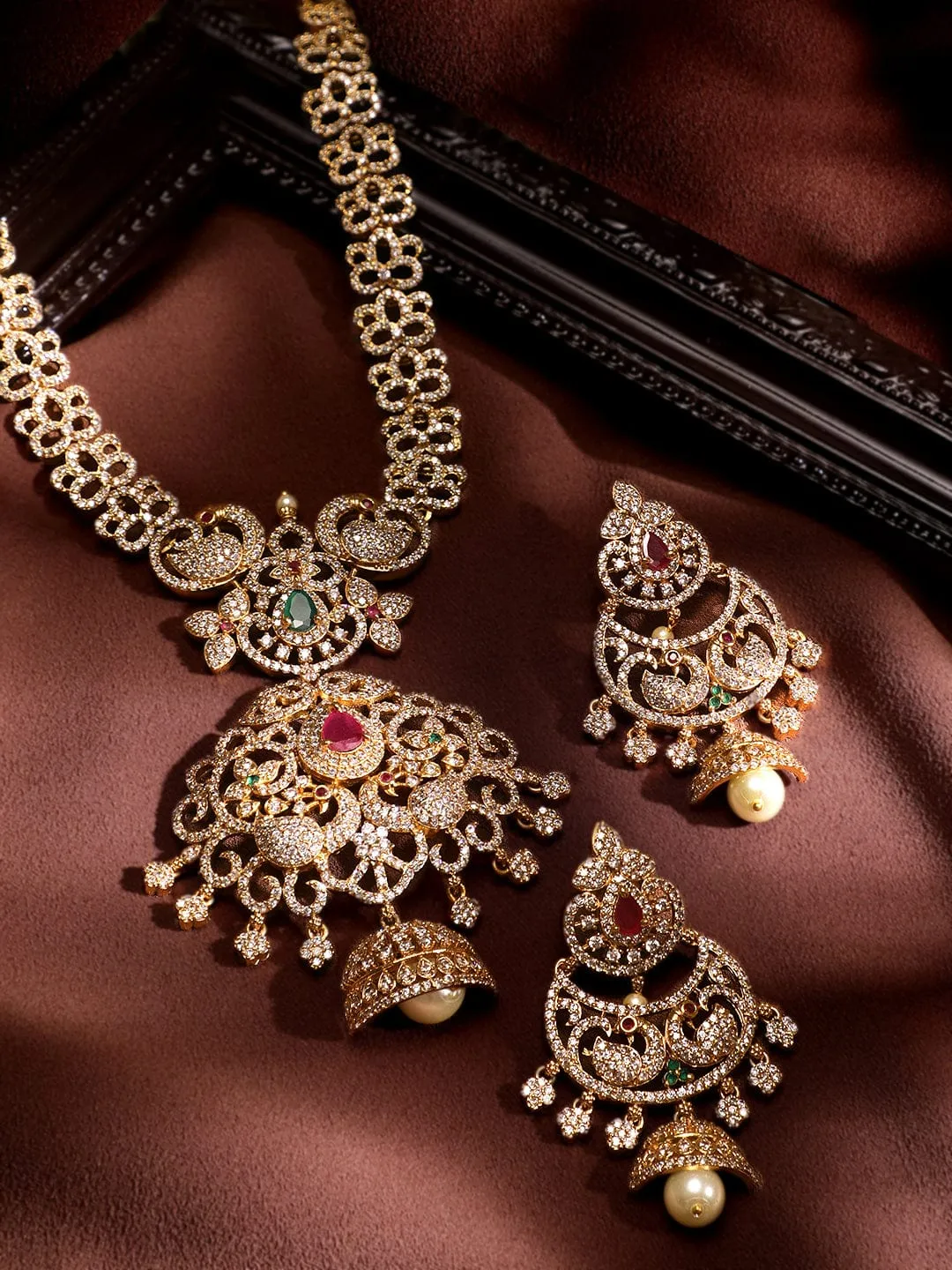 Rubans 22K Gold-Plated Peacock Motif Kemp & Zirconia Crystal Studded Handcrafted Necklace Set