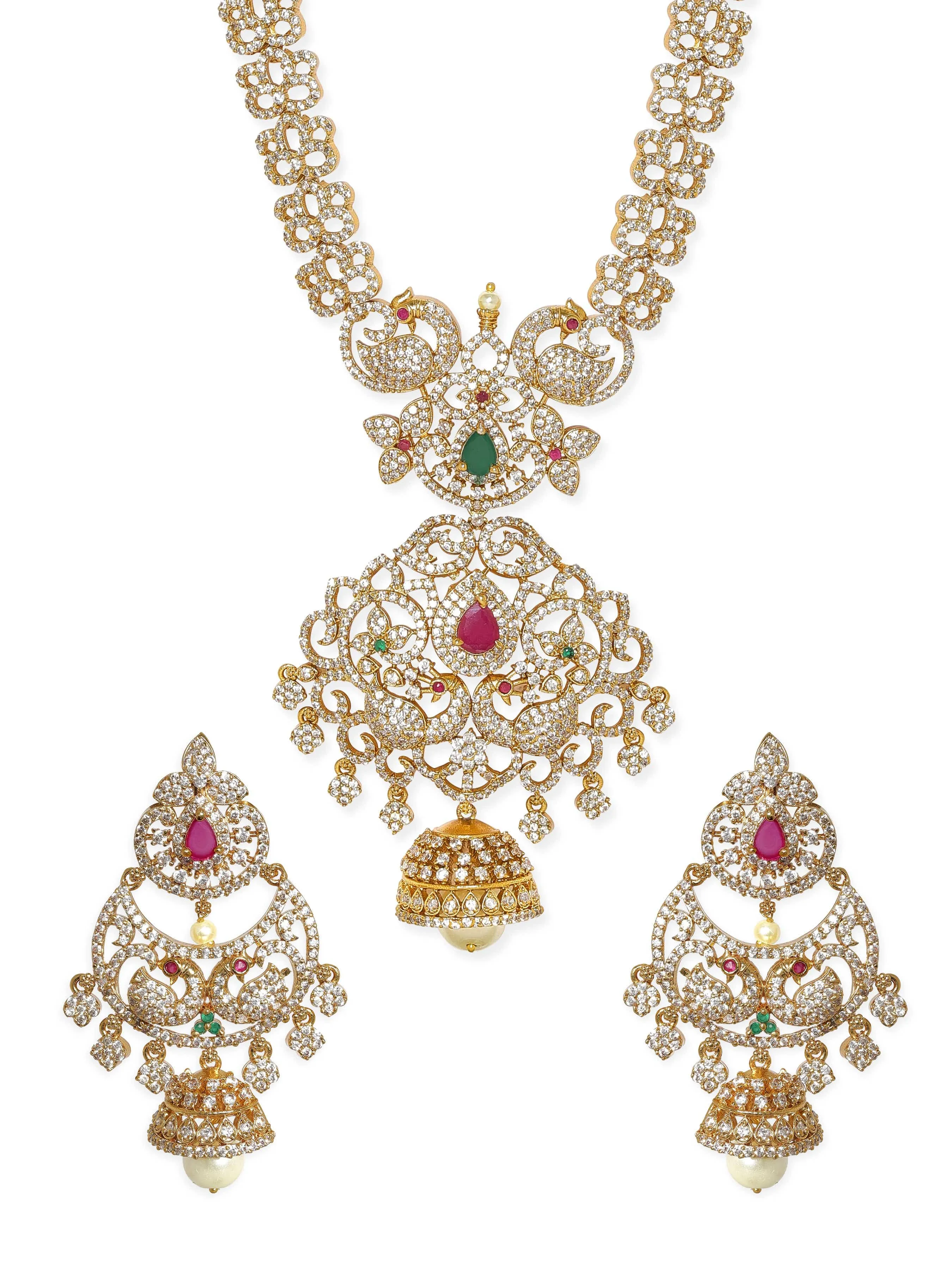 Rubans 22K Gold-Plated Peacock Motif Kemp & Zirconia Crystal Studded Handcrafted Necklace Set