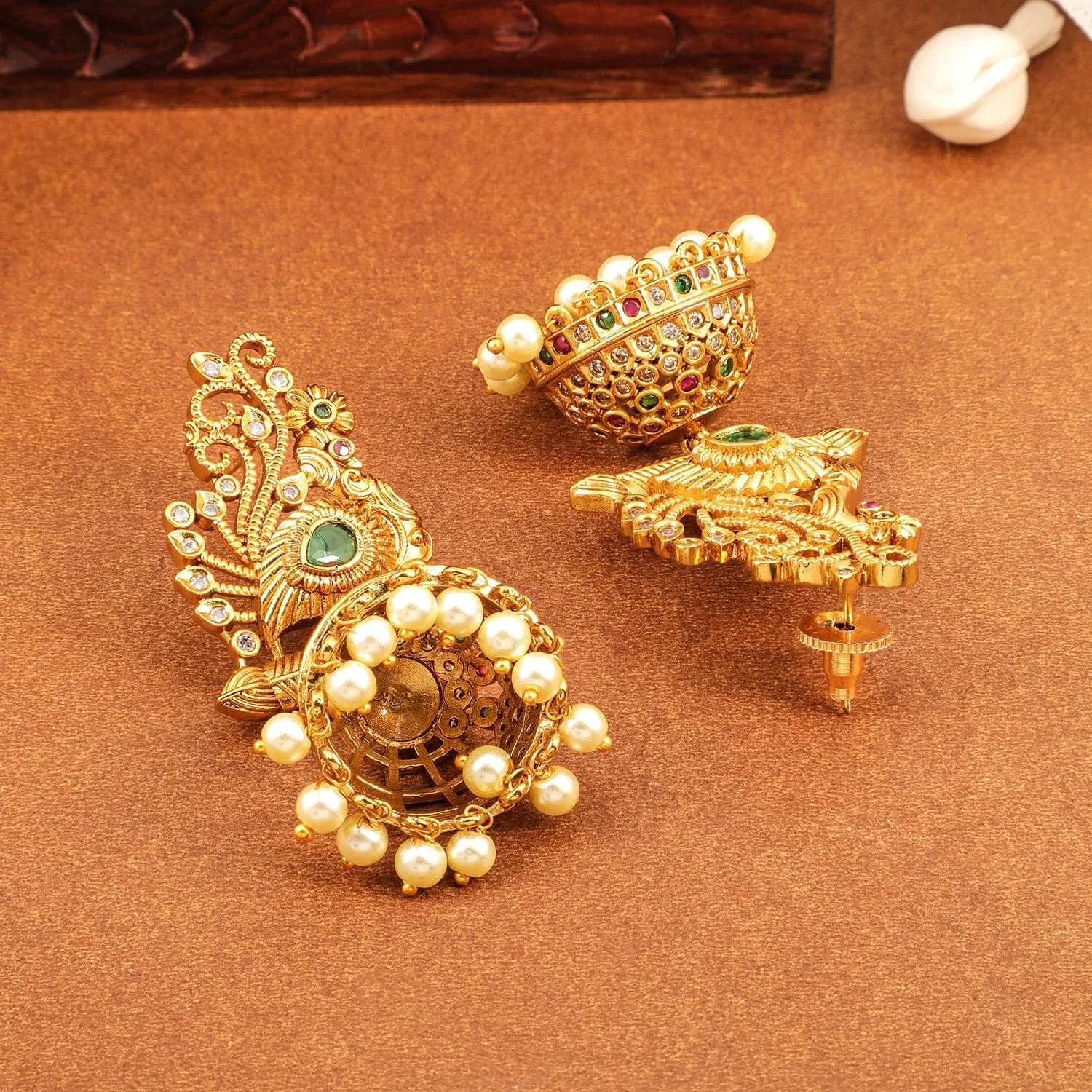 Rubans 22K Gold-Plated Ruby, Emerald & Cubic Zirconia Studded Temple Jhumkas with Pearl Drops