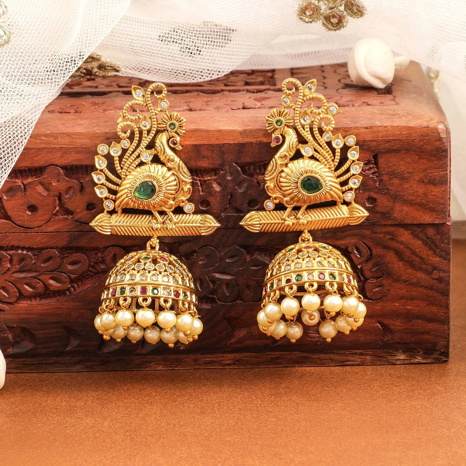 Rubans 22K Gold-Plated Ruby, Emerald & Cubic Zirconia Studded Temple Jhumkas with Pearl Drops