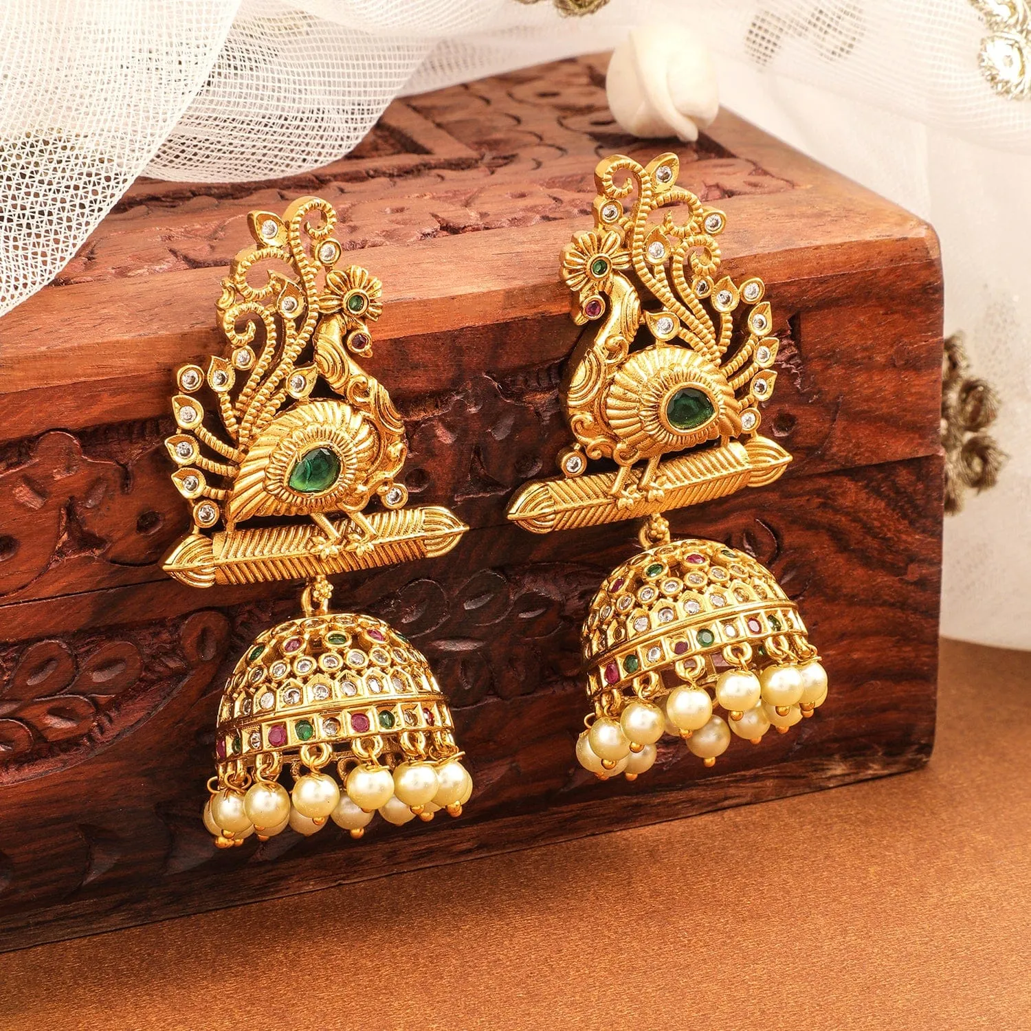 Rubans 22K Gold-Plated Ruby, Emerald & Cubic Zirconia Studded Temple Jhumkas with Pearl Drops