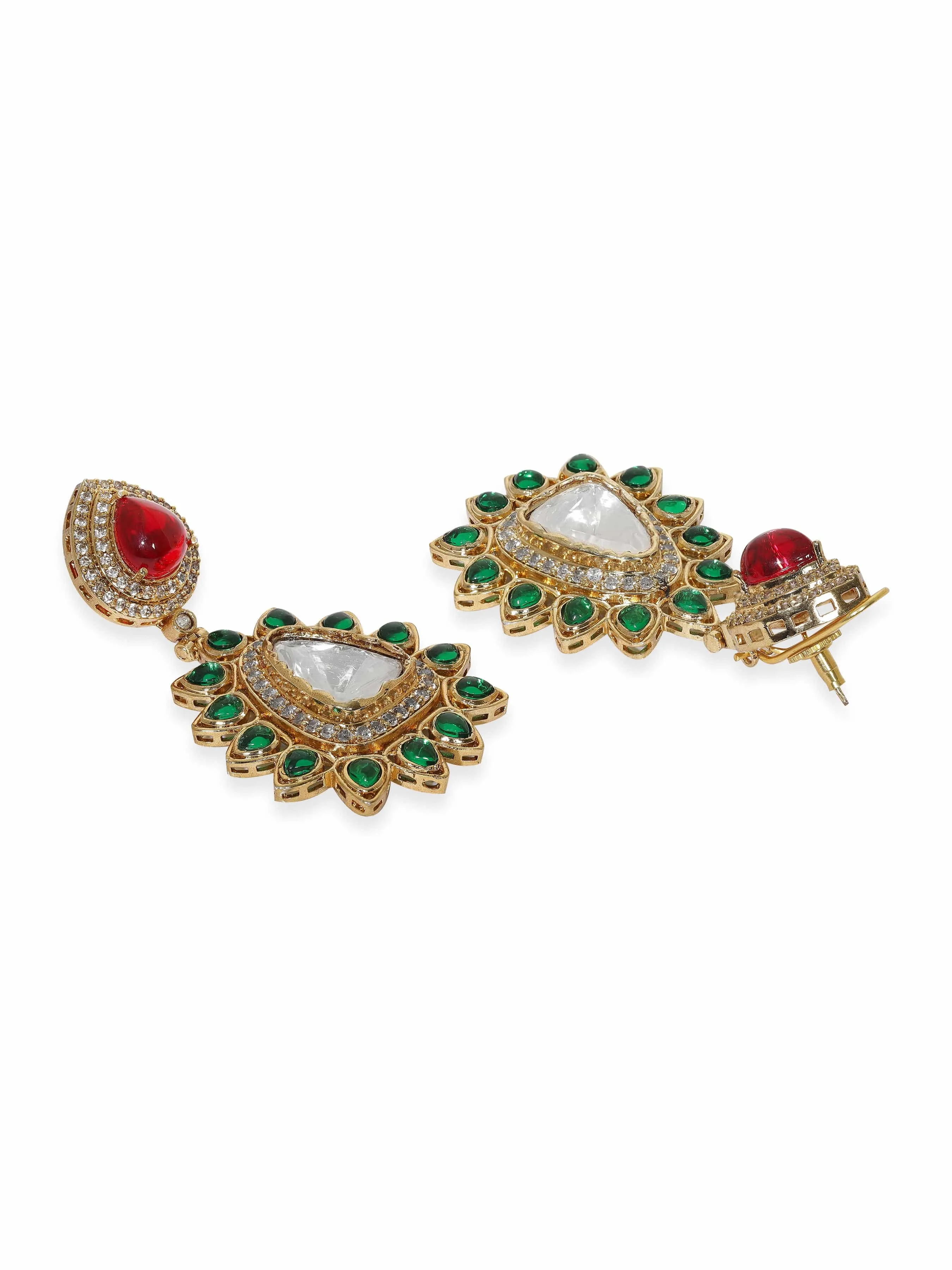 Rubans Exquisite Gold Tone Multicolor Kundan and AD Dangle Earrings