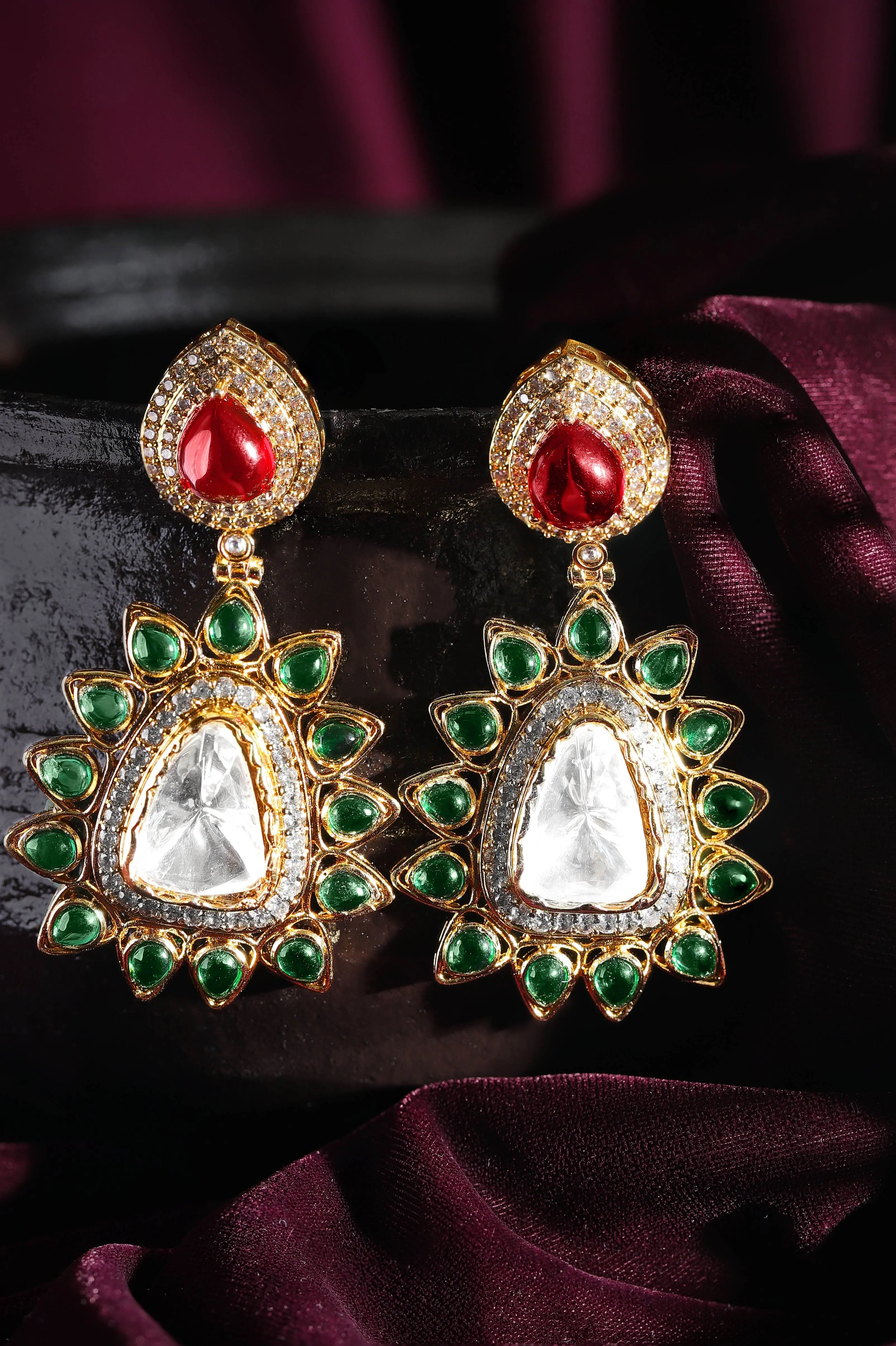 Rubans Exquisite Gold Tone Multicolor Kundan and AD Dangle Earrings