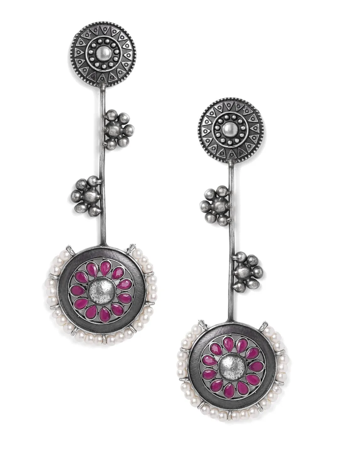 Rubans Oxidised Silver Plated Handcrafted Ruby Stone with White Pearls Drop Earrings