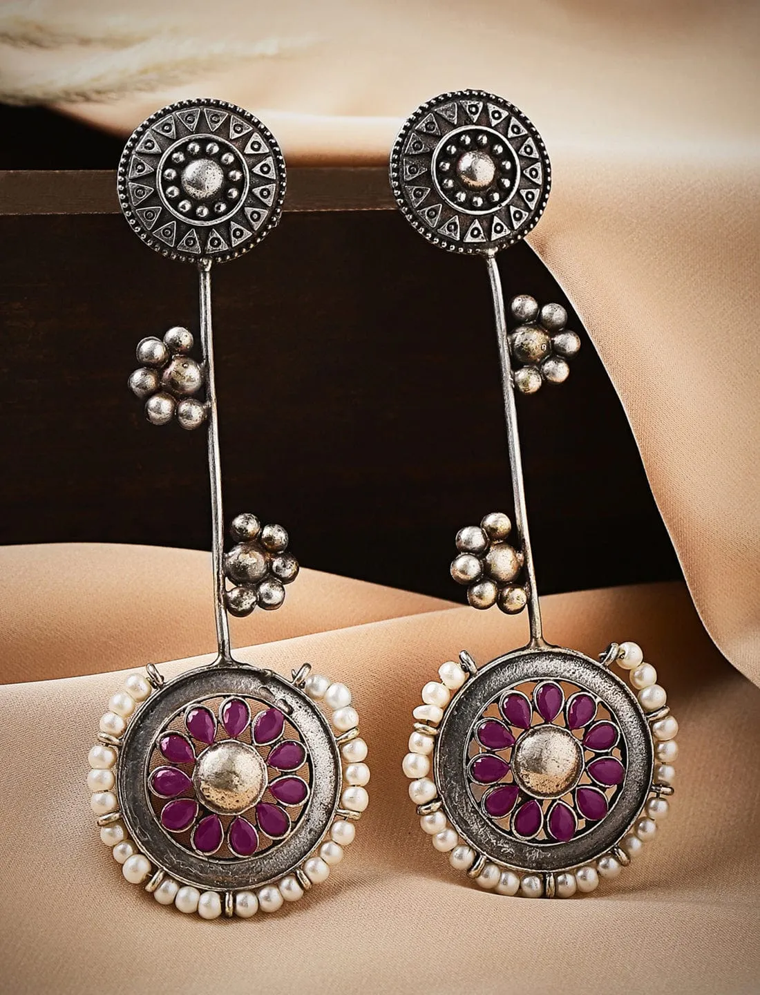 Rubans Oxidised Silver Plated Handcrafted Ruby Stone with White Pearls Drop Earrings