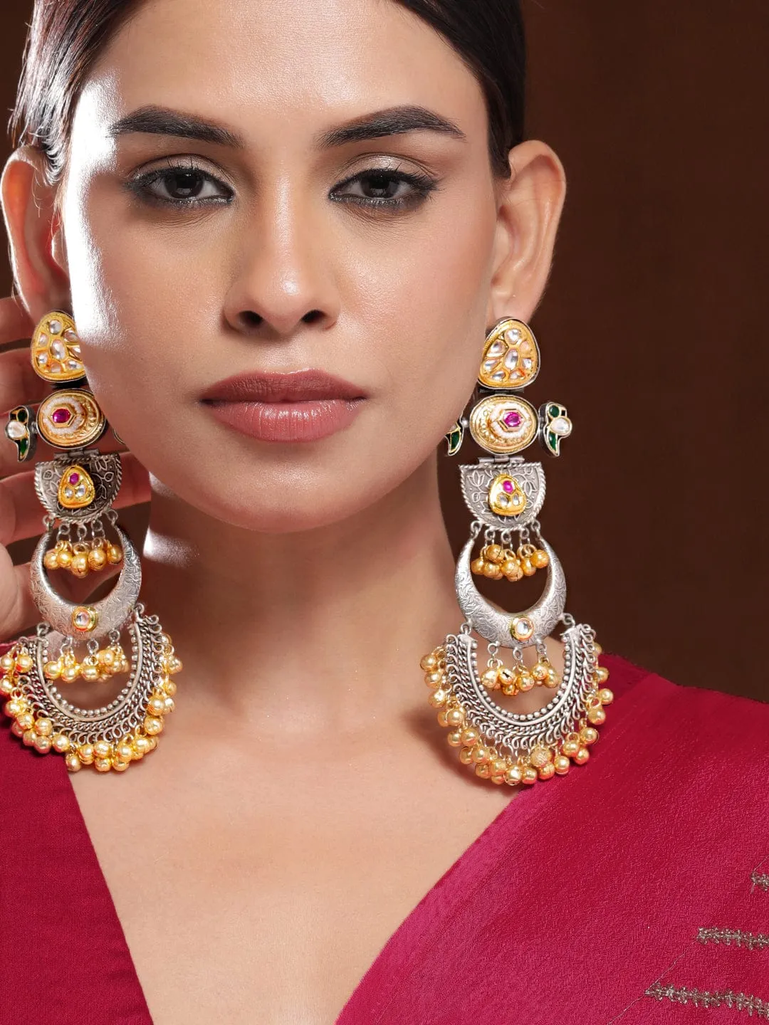 Rubans Oxidized Silver & Gold-Plated Long Chandbali with Kundan, Ruby, Emerald & Gold Beads