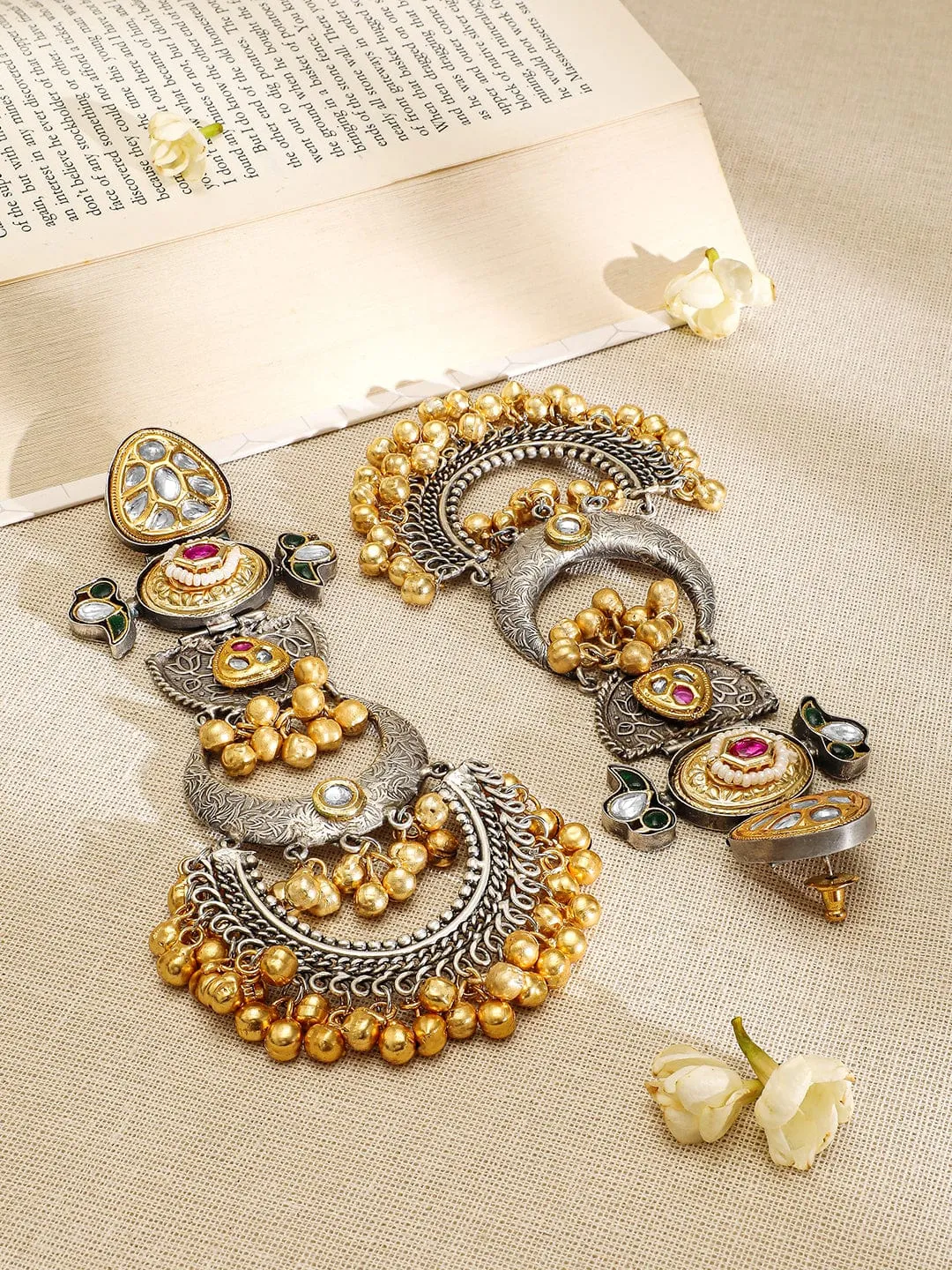 Rubans Oxidized Silver & Gold-Plated Long Chandbali with Kundan, Ruby, Emerald & Gold Beads