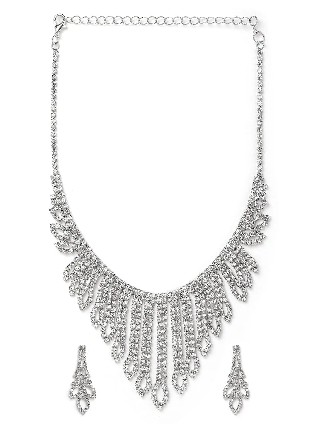 Rubans Rhodium Plated AD & Cubic Zirconia Studded Statement Necklace Set with Droplet Design