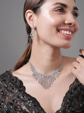 Rubans Rhodium Plated AD & Cubic Zirconia Studded Statement Necklace Set with Droplet Design