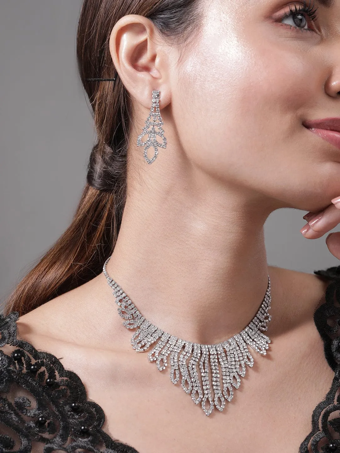 Rubans Rhodium Plated AD & Cubic Zirconia Studded Statement Necklace Set with Droplet Design