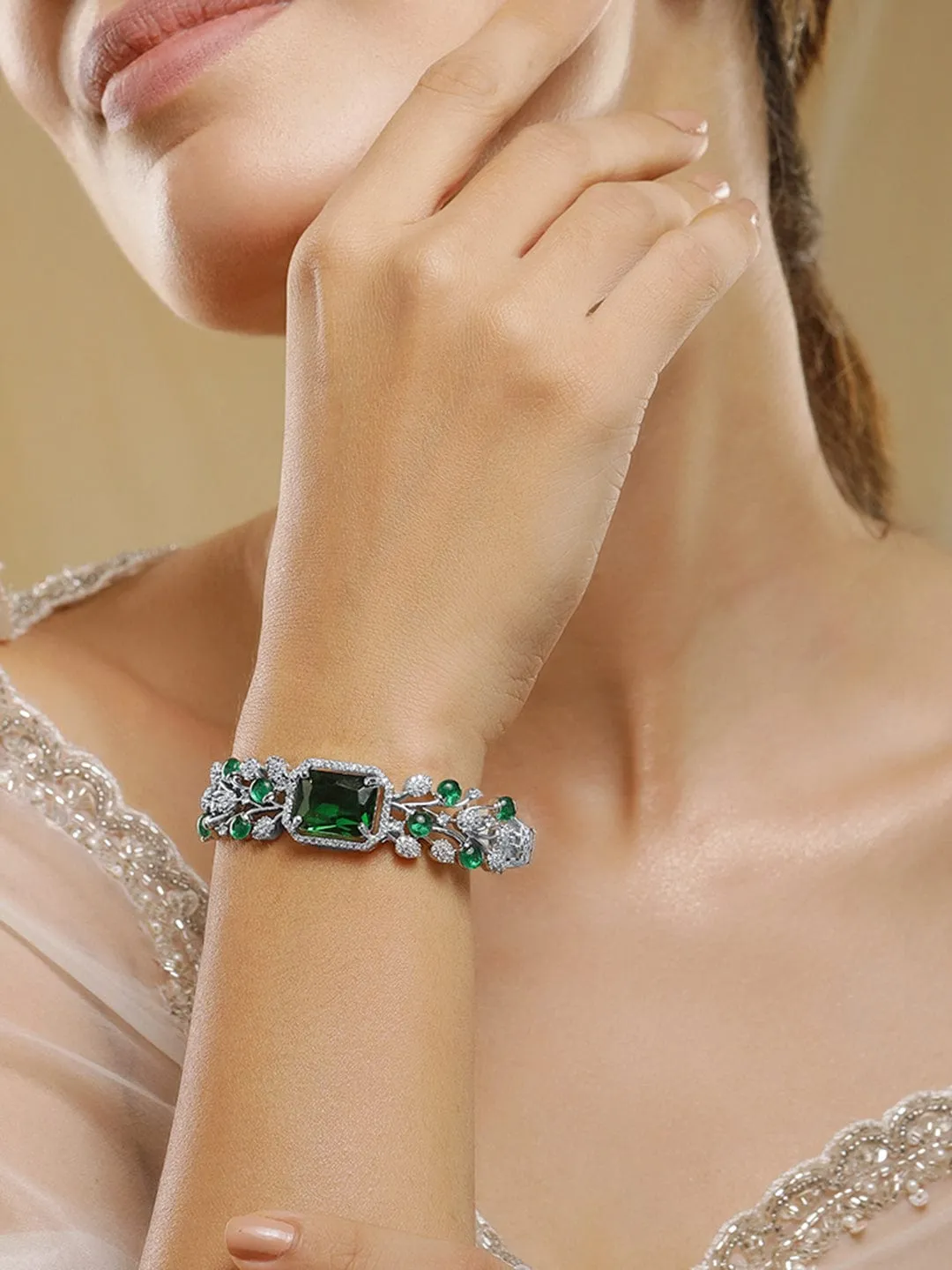 Rubans Rhodium-Plated Emerald Green & Cubic Zirconia Studded Premium Bracelet