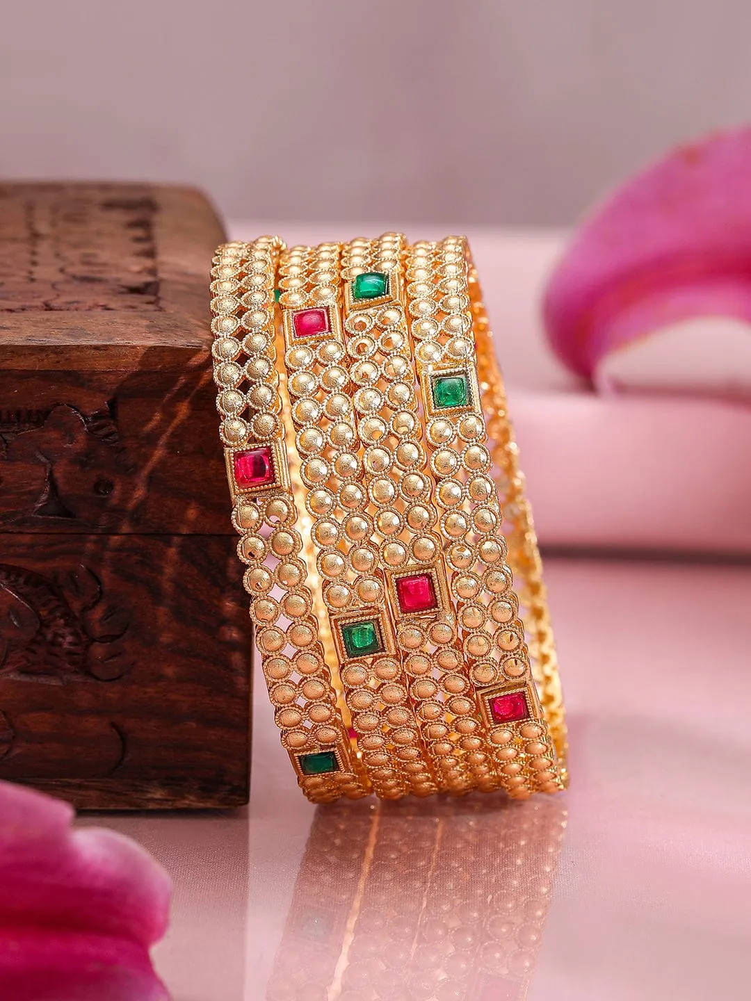 Rubans Set of 4 22K Gold-Plated Kundan Studded Bangles with Ruby & Emerald Accents