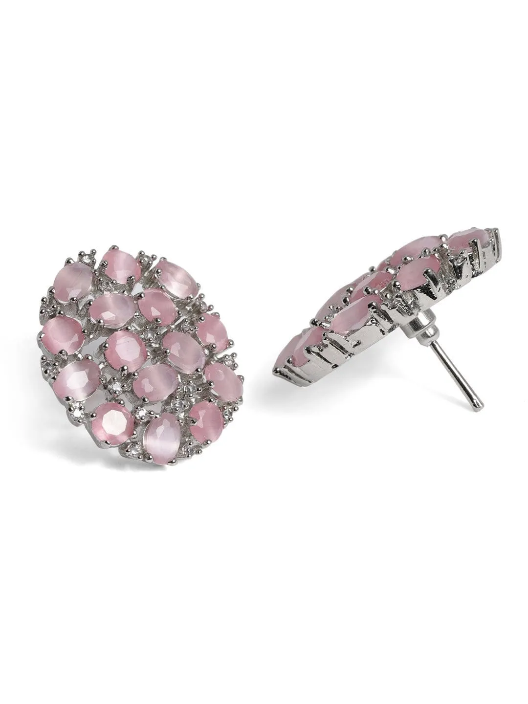 Rubans Silver Plated Handcrafted Pink Zircon Stone Stud Earrings