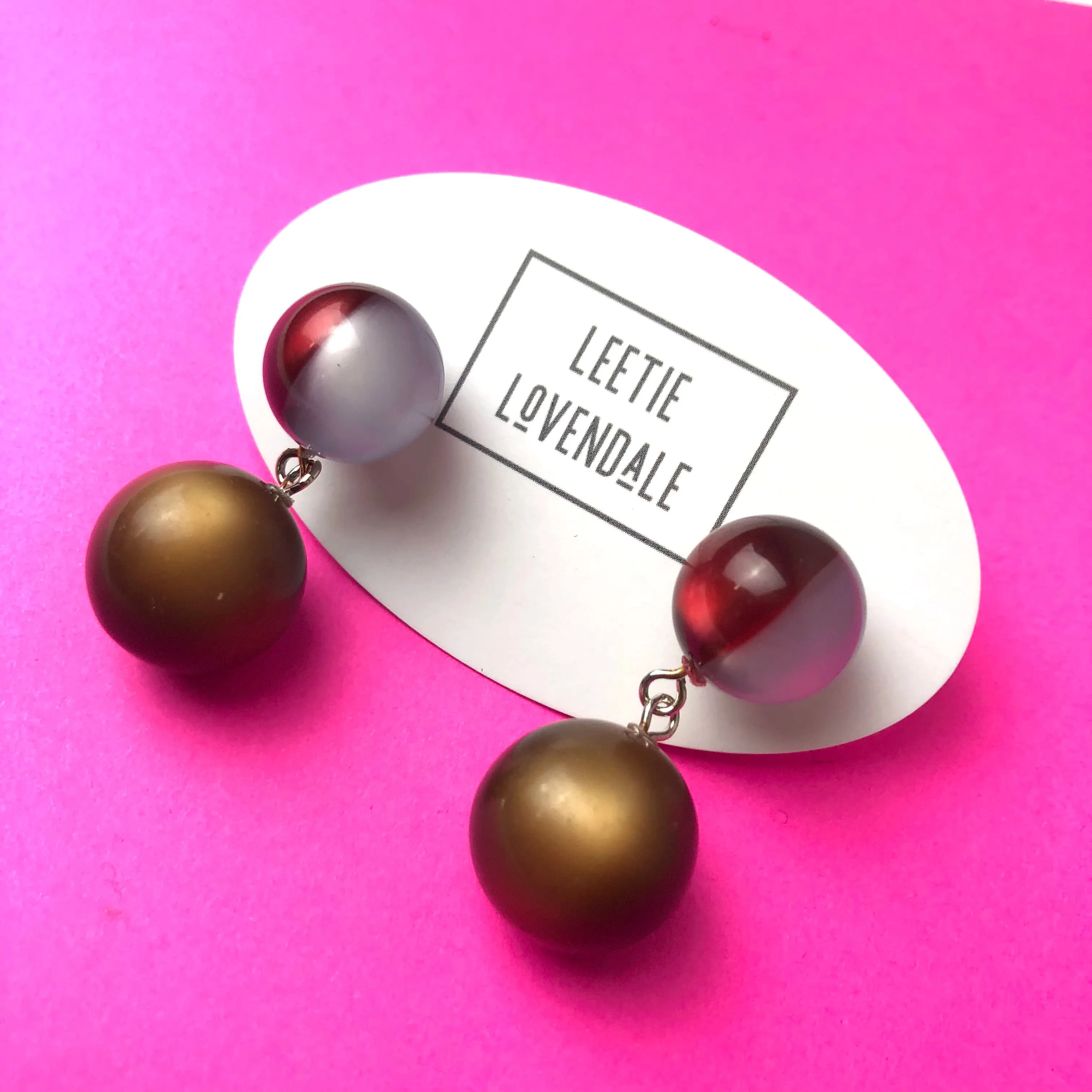 Ruby and Grey Harlequin with Coffee Moonglow Lollipop Drop Earrings