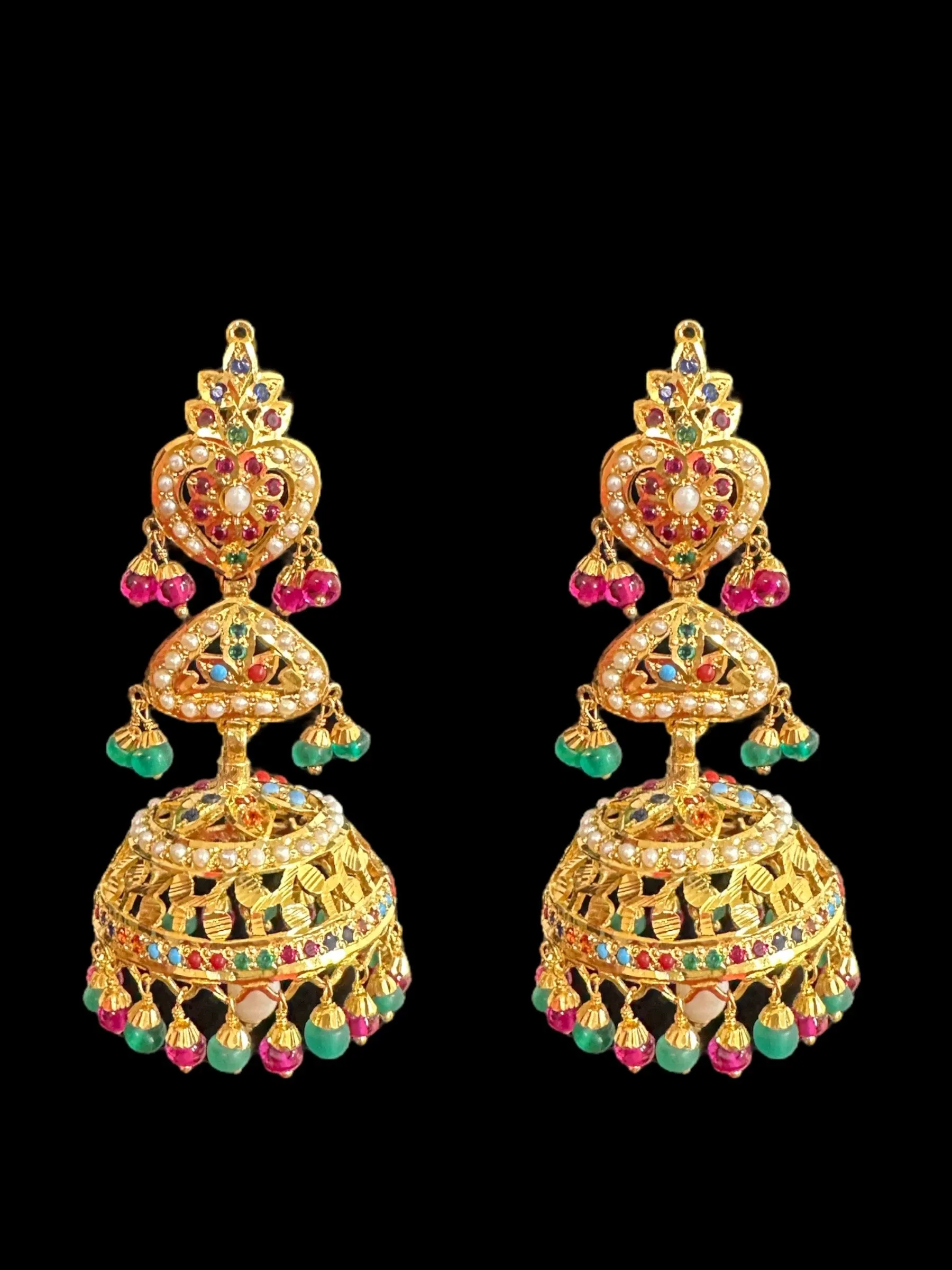 Ruby emerald with pearl gold plated silver jhumka ( READY TO SHIP )