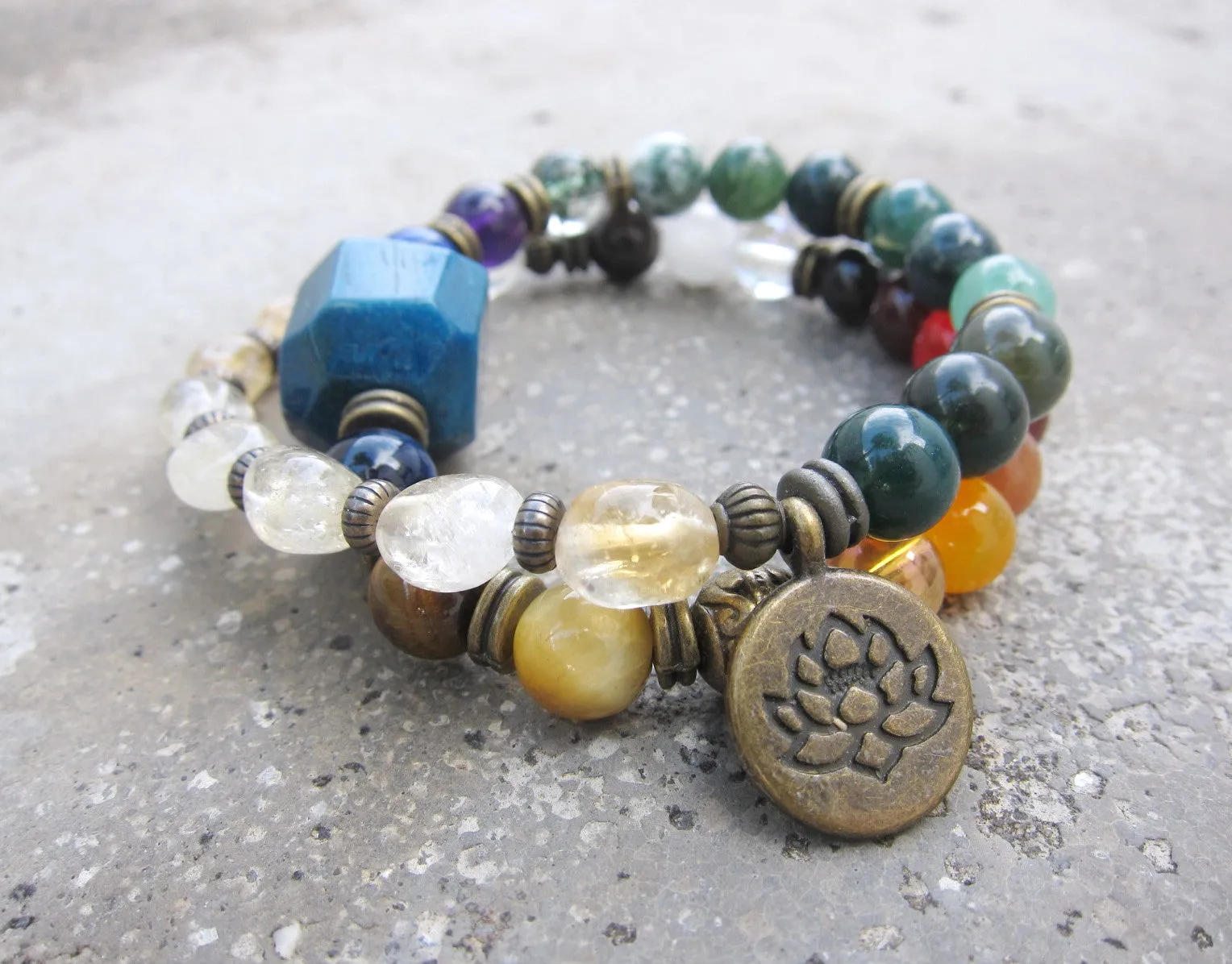 SALE - 7 Chakra Stone Mala Bracelet with Lotus Charm