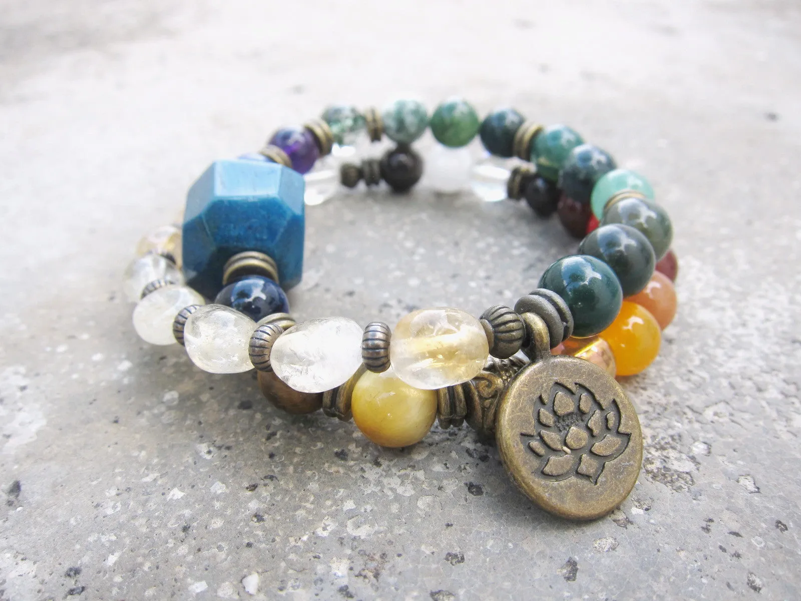 SALE - 7 Chakra Stone Mala Bracelet with Lotus Charm