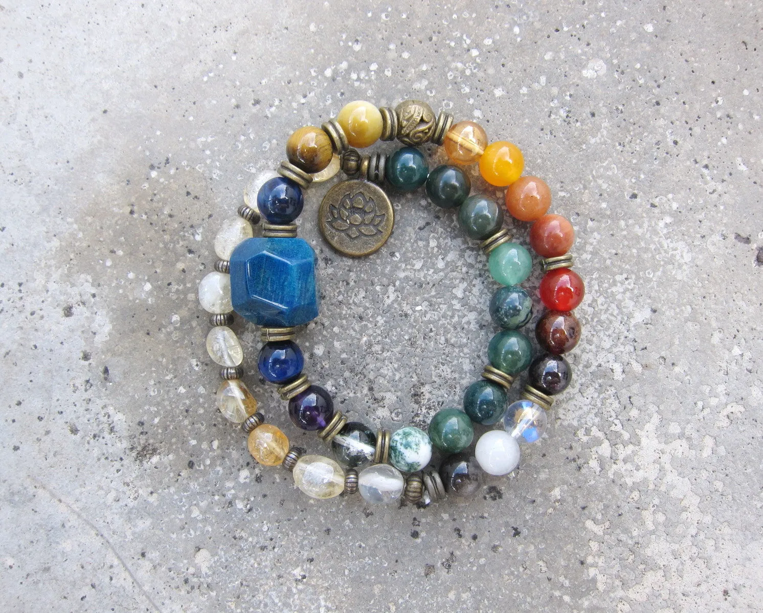 SALE - 7 Chakra Stone Mala Bracelet with Lotus Charm