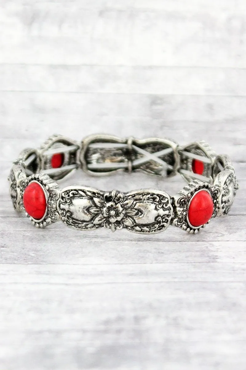 SALE! Burnished Silvertone and Coral Bead Floral Spoon Stretch Bracelet