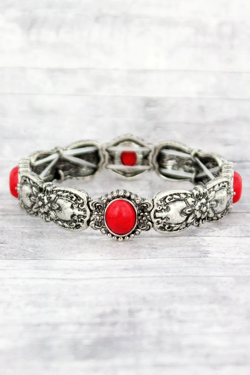 SALE! Burnished Silvertone and Coral Bead Floral Spoon Stretch Bracelet