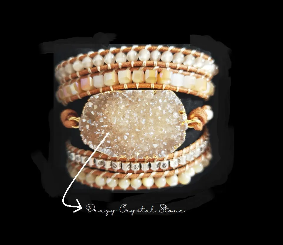 SALE - Natural Druzy Stone w/ Mother of Pearl Mix Wrap Bracelet