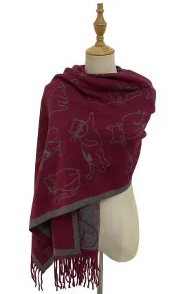 SC-7323-C Wine Cat Reversible Tassel Scarf