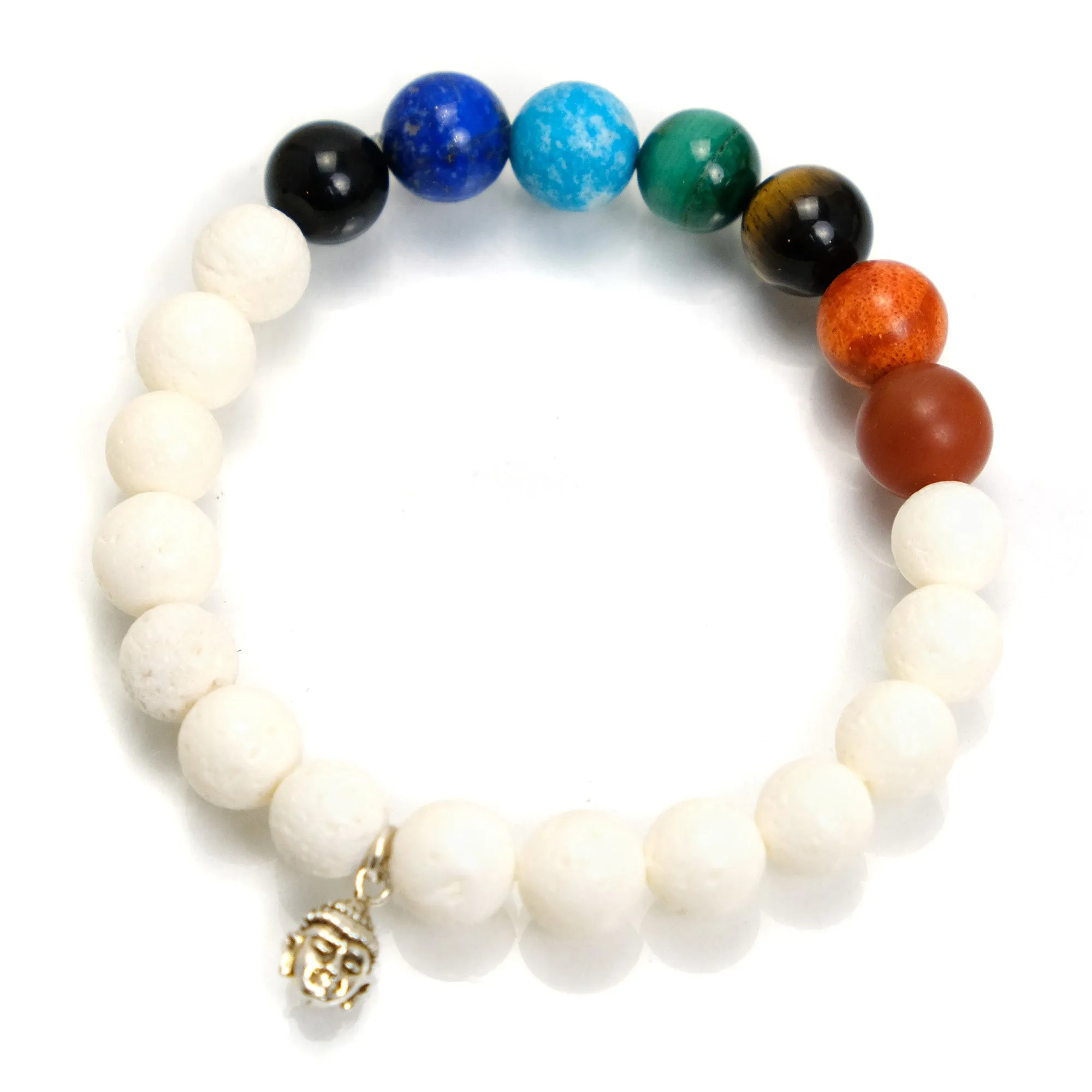 Semi-Precious Stone and White Coral Chakra Stretch Bracelet