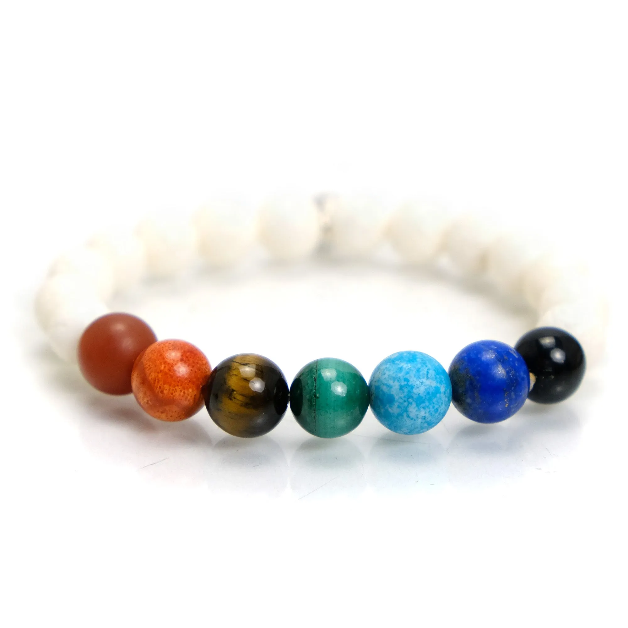 Semi-Precious Stone and White Coral Chakra Stretch Bracelet