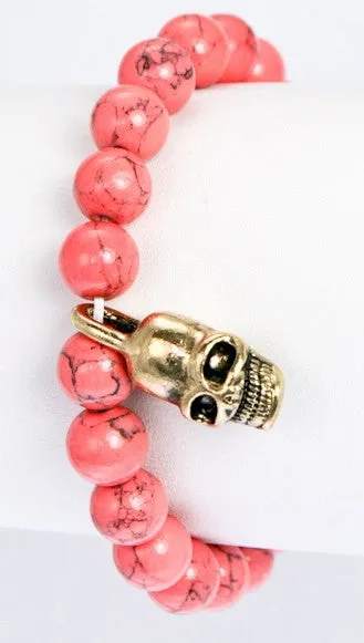 Semi Precious Stone Beads w/ Metal Skull Pave Ball in Coral