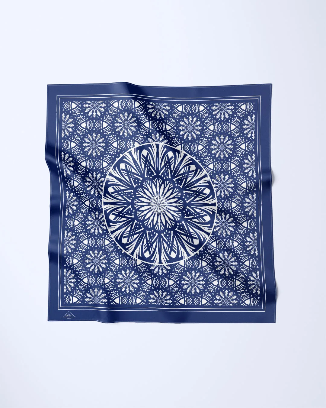 SERENITY Mandala Designer 100% Silk Scarf in NAVY BLUE WHITE