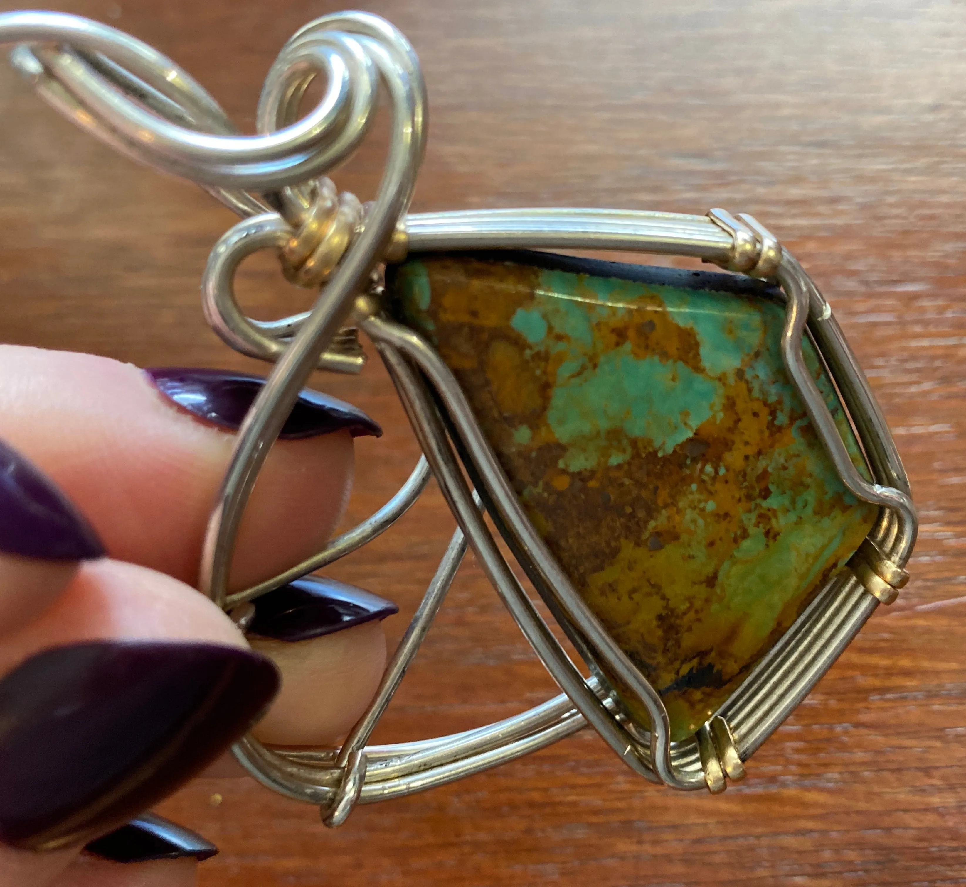 Silver and Gold Tone Wire Wrap Turquoise Necklace Pendant