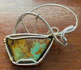 Silver and Gold Tone Wire Wrap Turquoise Necklace Pendant