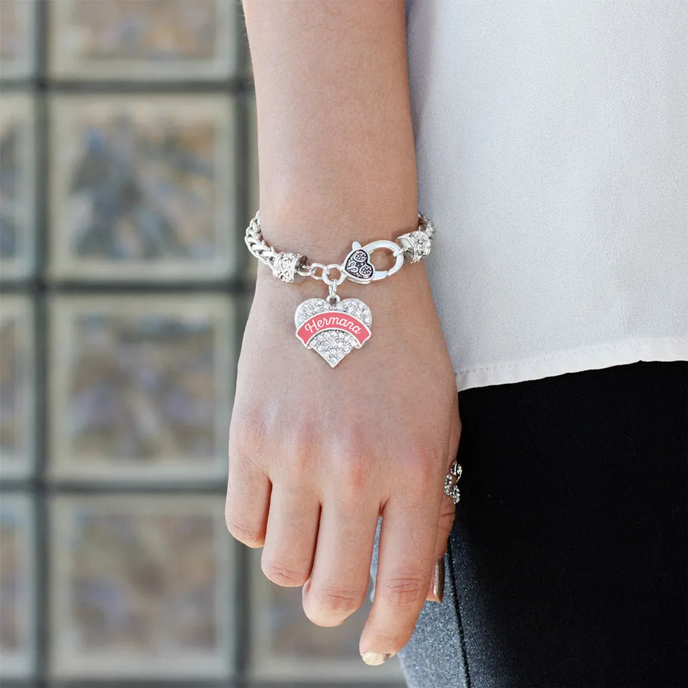 Silver Hermana - Coral Pave Heart Charm Braided Bracelet