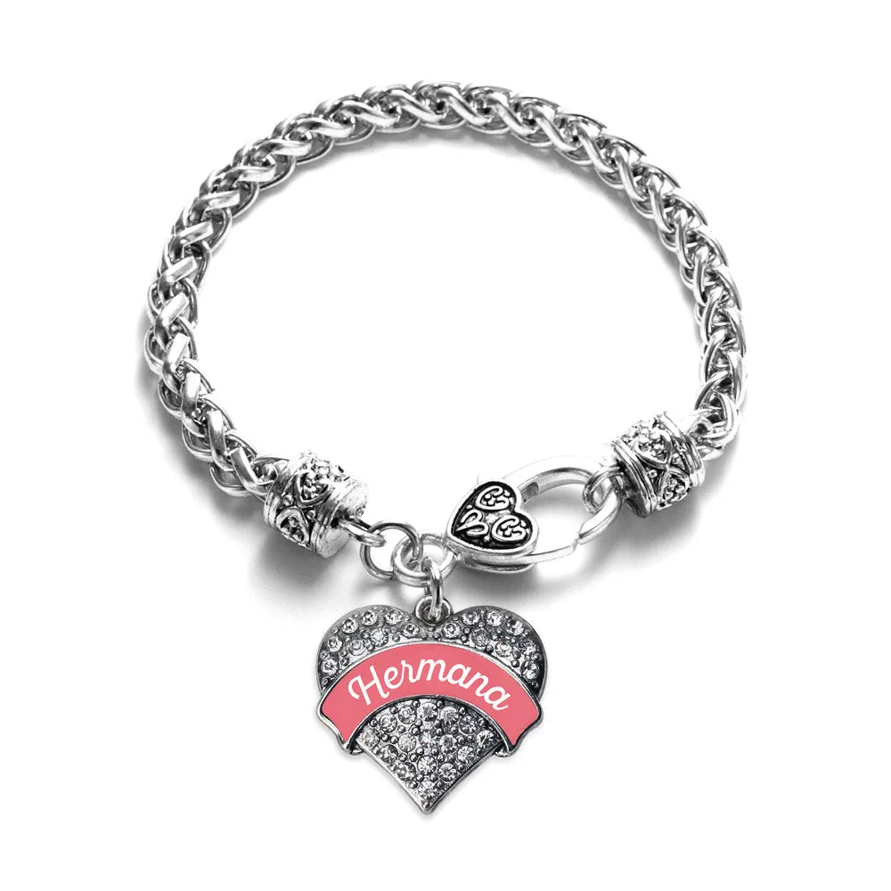 Silver Hermana - Coral Pave Heart Charm Braided Bracelet