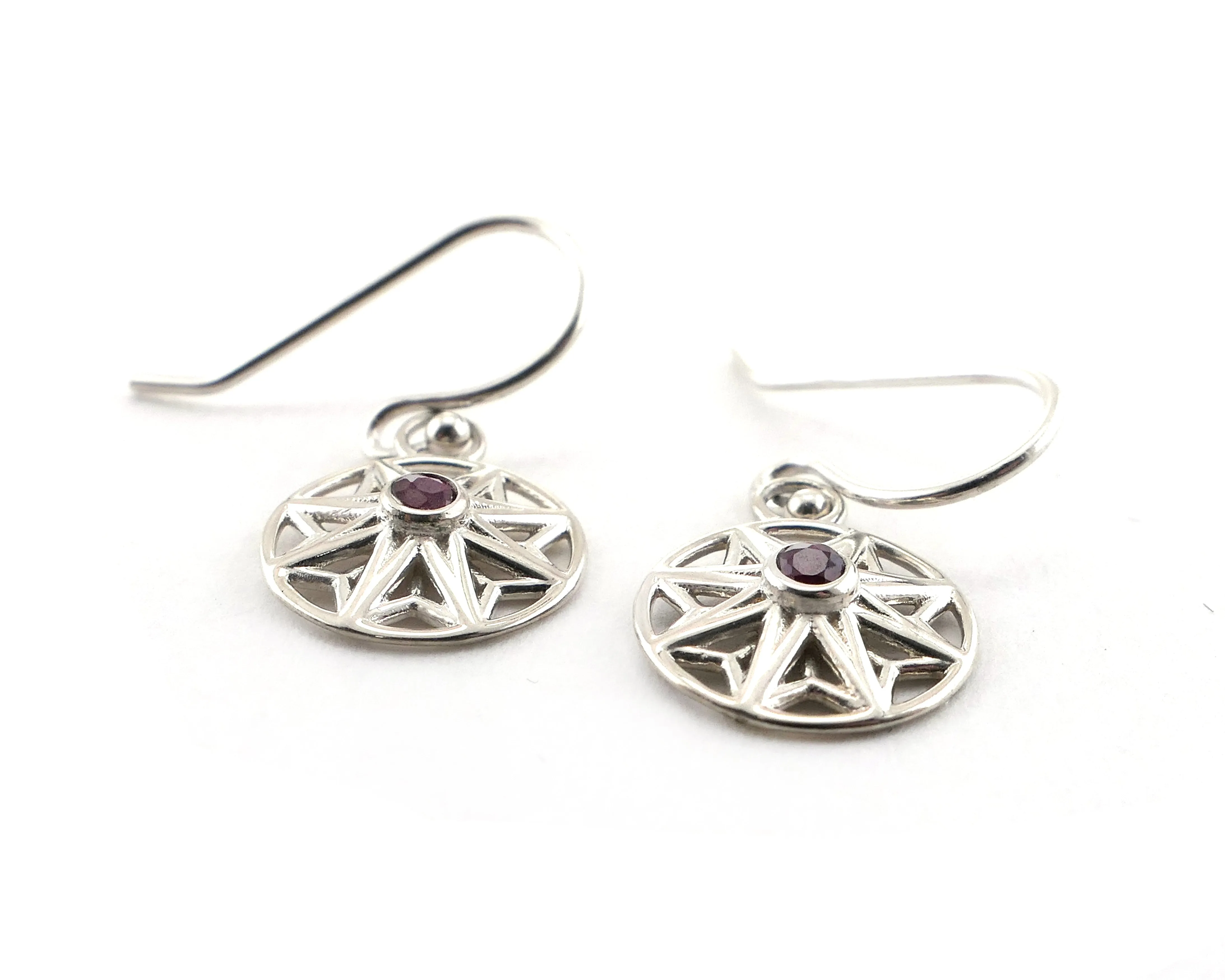 Small Flower Drop Earrings, Ruby Sterling Silver