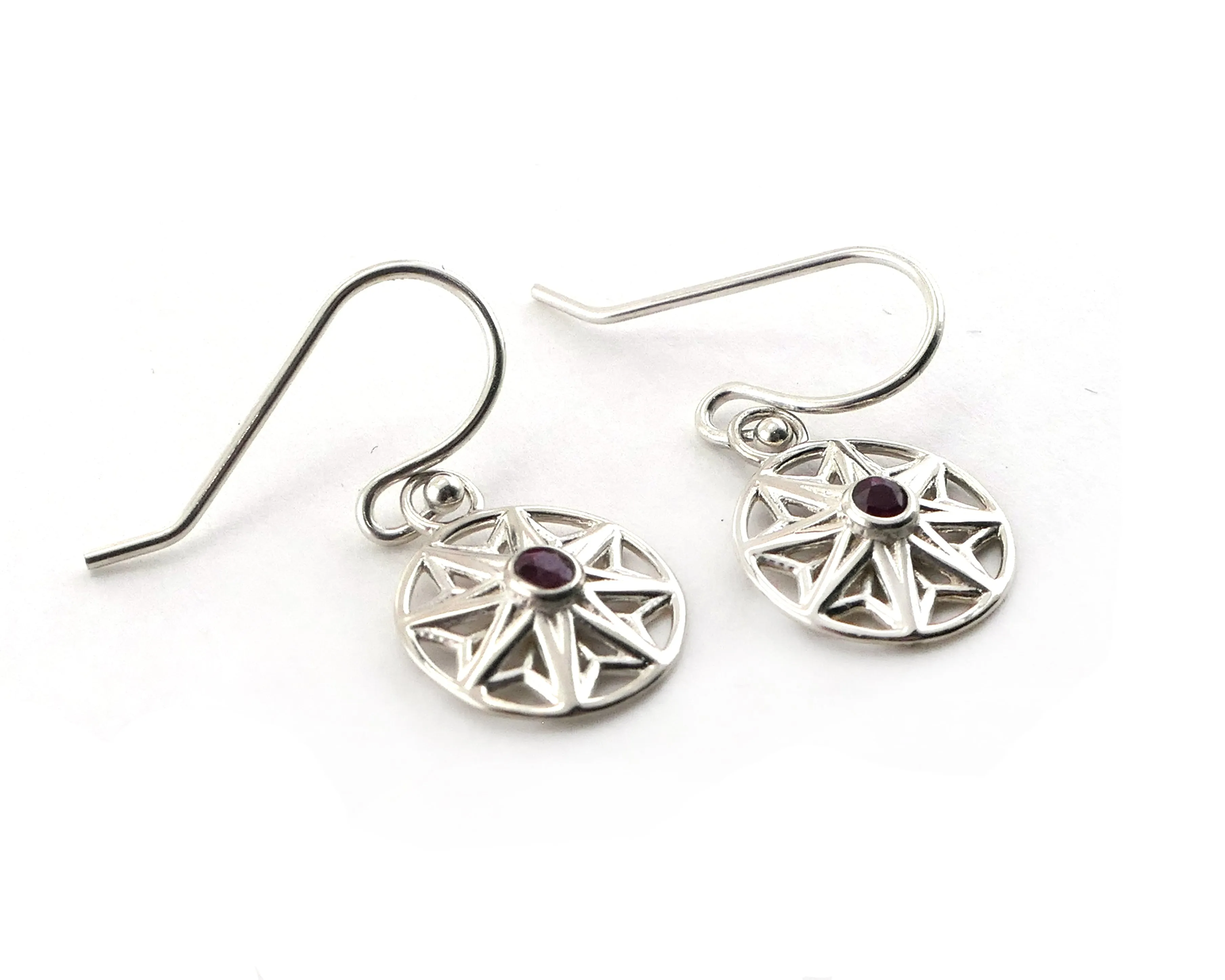 Small Flower Drop Earrings, Ruby Sterling Silver