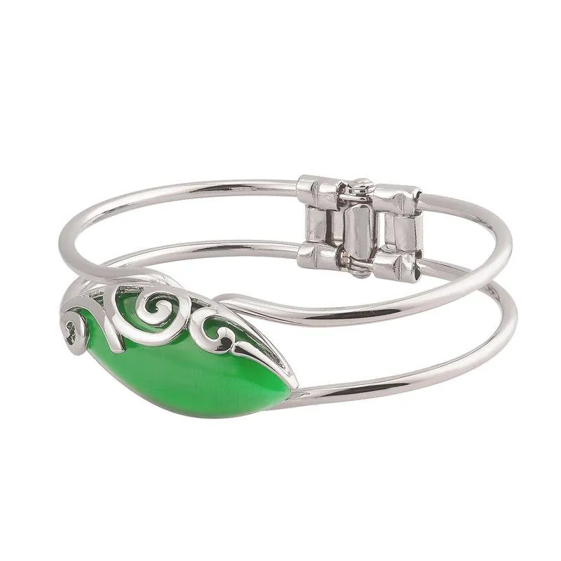 Solvar Rhodium Plated Green Cat Eye Celtic Bangle S5601G