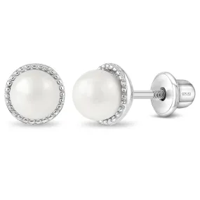 Sophisticated Pearl 7mm Baby / Toddler / Kids Earrings Screw Back - Sterling Silver