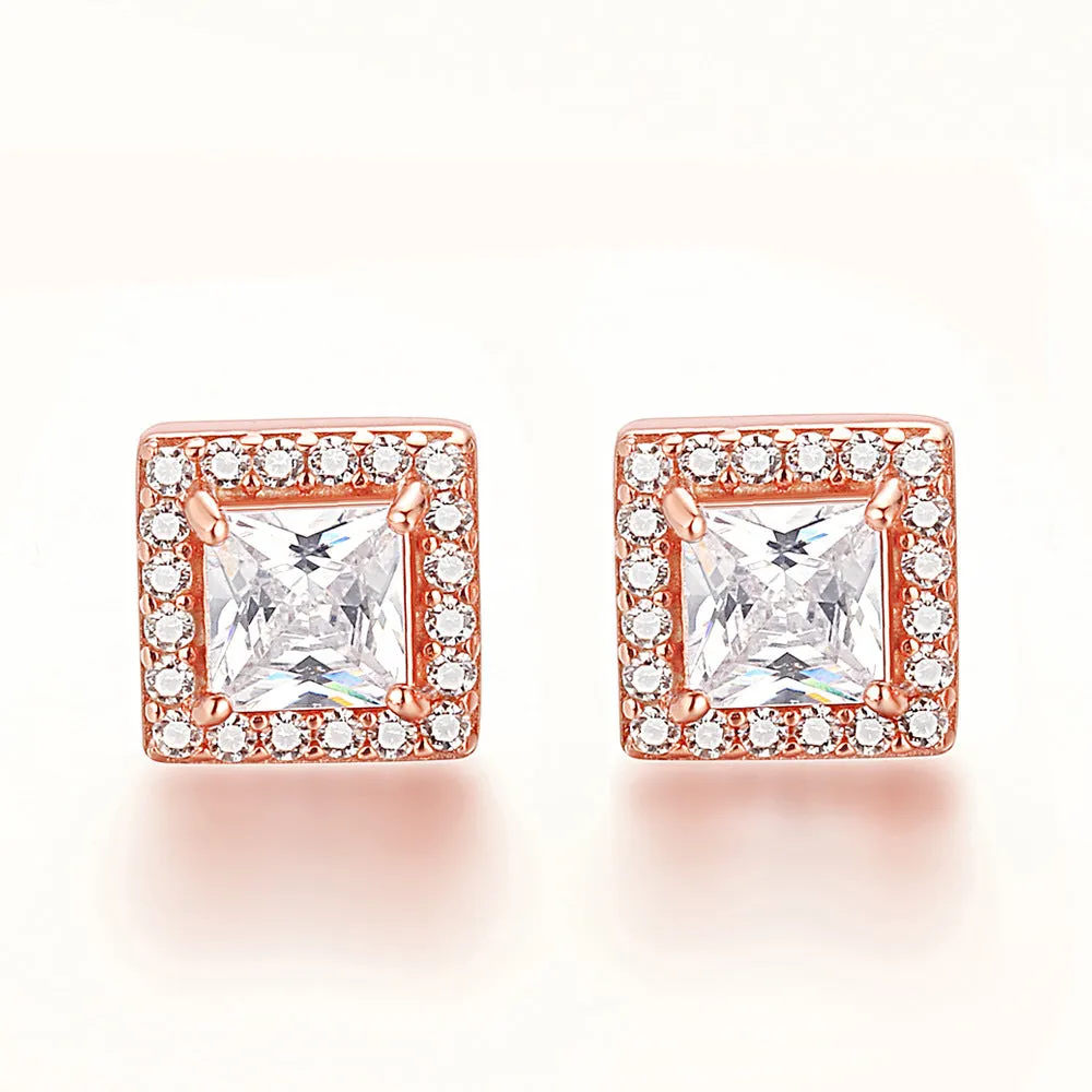 Square Zircon Soleste Halo Silver Studs Earrings for Women