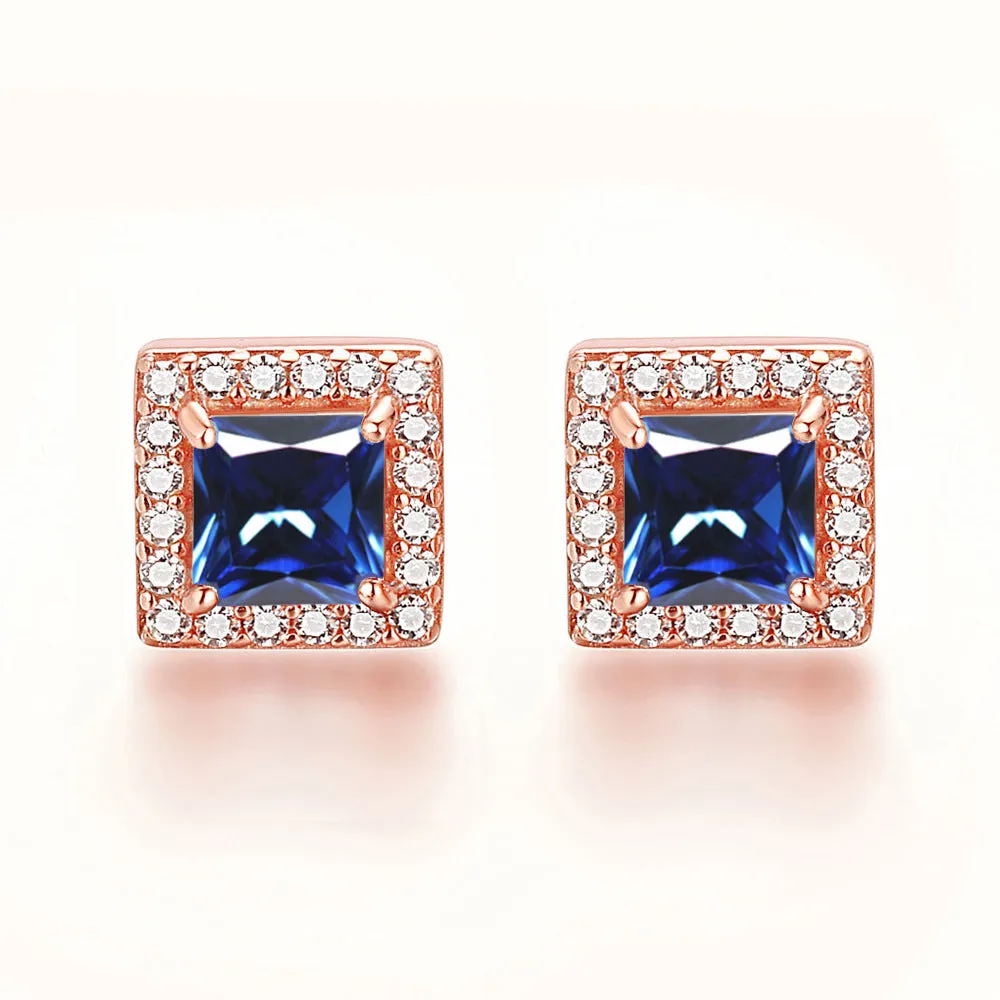 Square Zircon Soleste Halo Silver Studs Earrings for Women